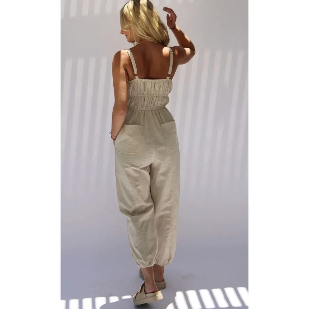 So Me Linen Blend Jumpsuit M Oatmeal Boho Cottagecore Adjustable Straps Pockets